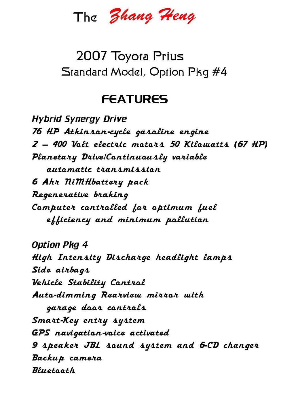 List of selected features